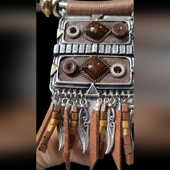 PARIS Necklace Ethnic Tribal Statement Solid Reversible Brown & Silver … - Picture 3 of 13